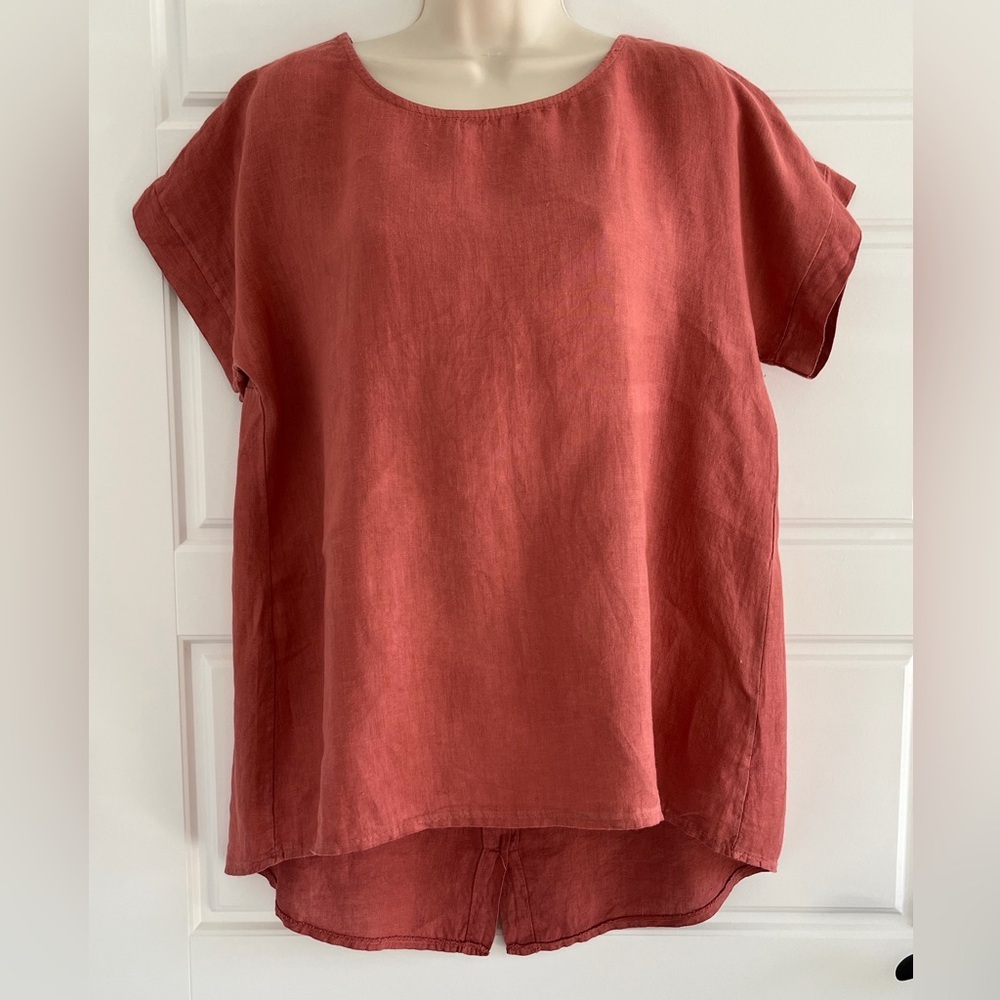 Terzo Millennio 100% Linen Top Brick Red Short Sleeve Buttons Back Size S Italy